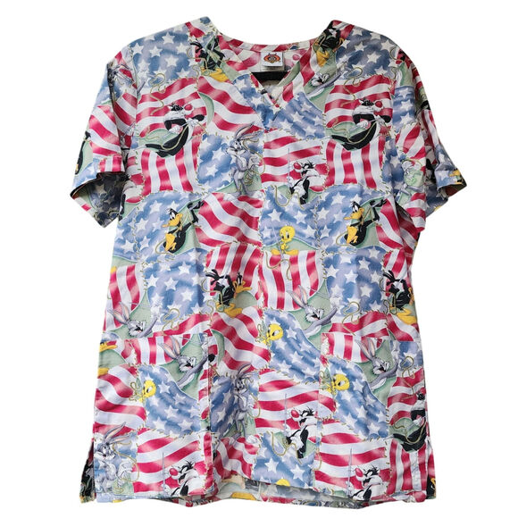 Looney Tunes Tops - Looney Tunes Scrub Top USA Flag Bugs Bunny Tweety Sylvester Daffy Size Small HTF